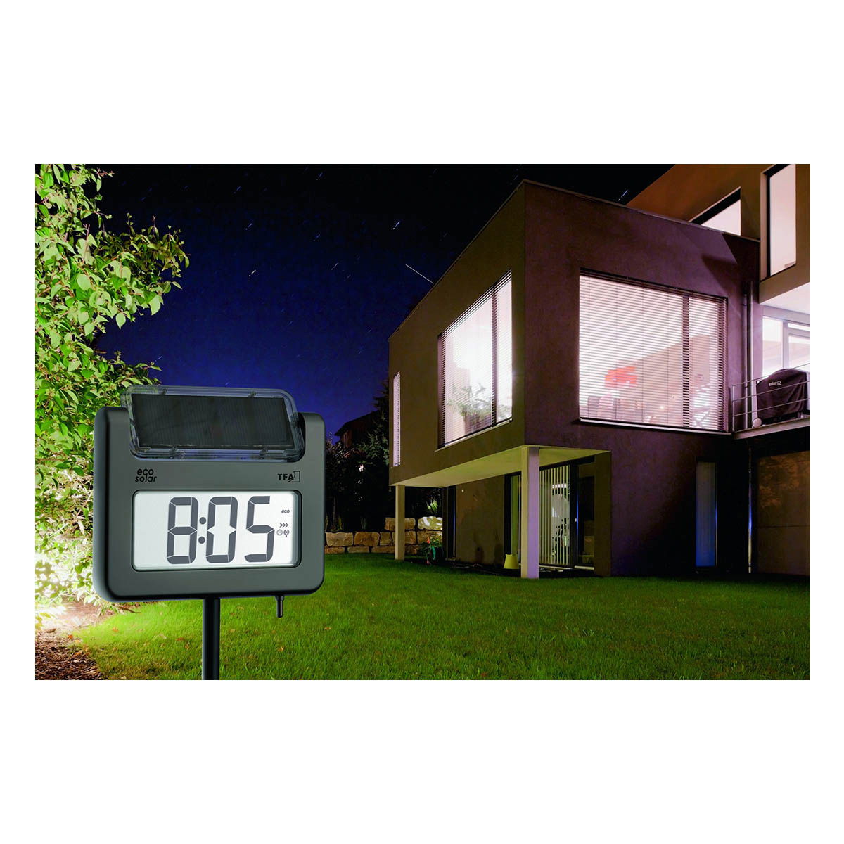 Digital Garden Thermometer with Solar Powered Display Lighting and
