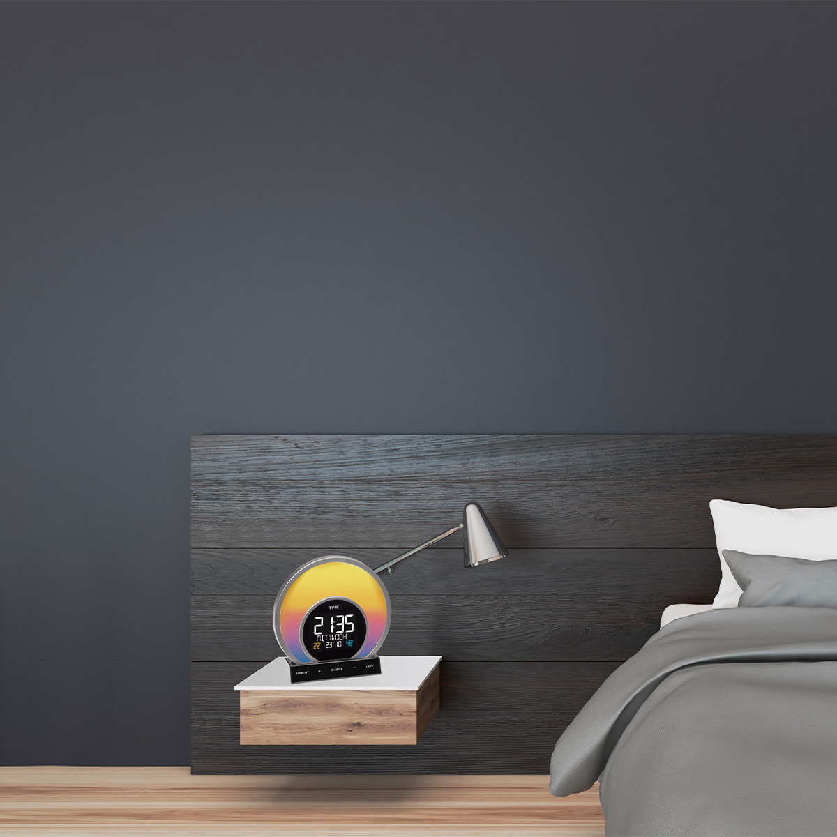 Light alarm clock with colour changing mood light and room climate
