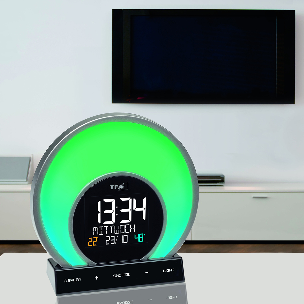 Light alarm clock with colour changing mood light and room climate