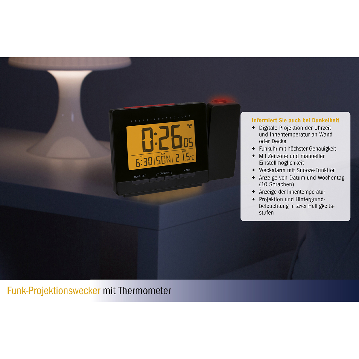 Thermometer Funk Projektionswecker Digitaler Funkuhr mit Schlummerfunktion 