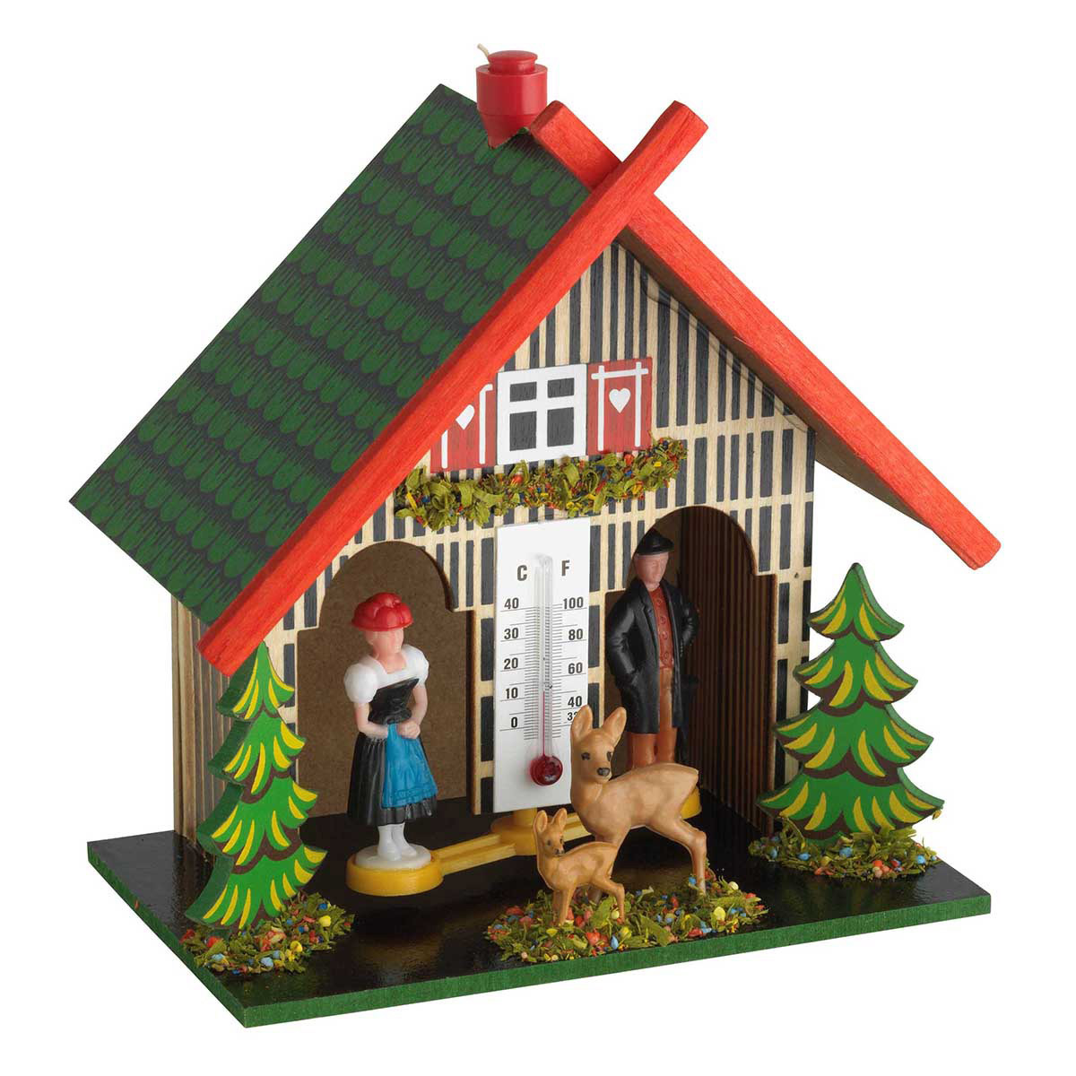 Wetterhaus Holz Chalet Barometer Thermom E5 Wald Wetter Haus mit Mann und Frau 