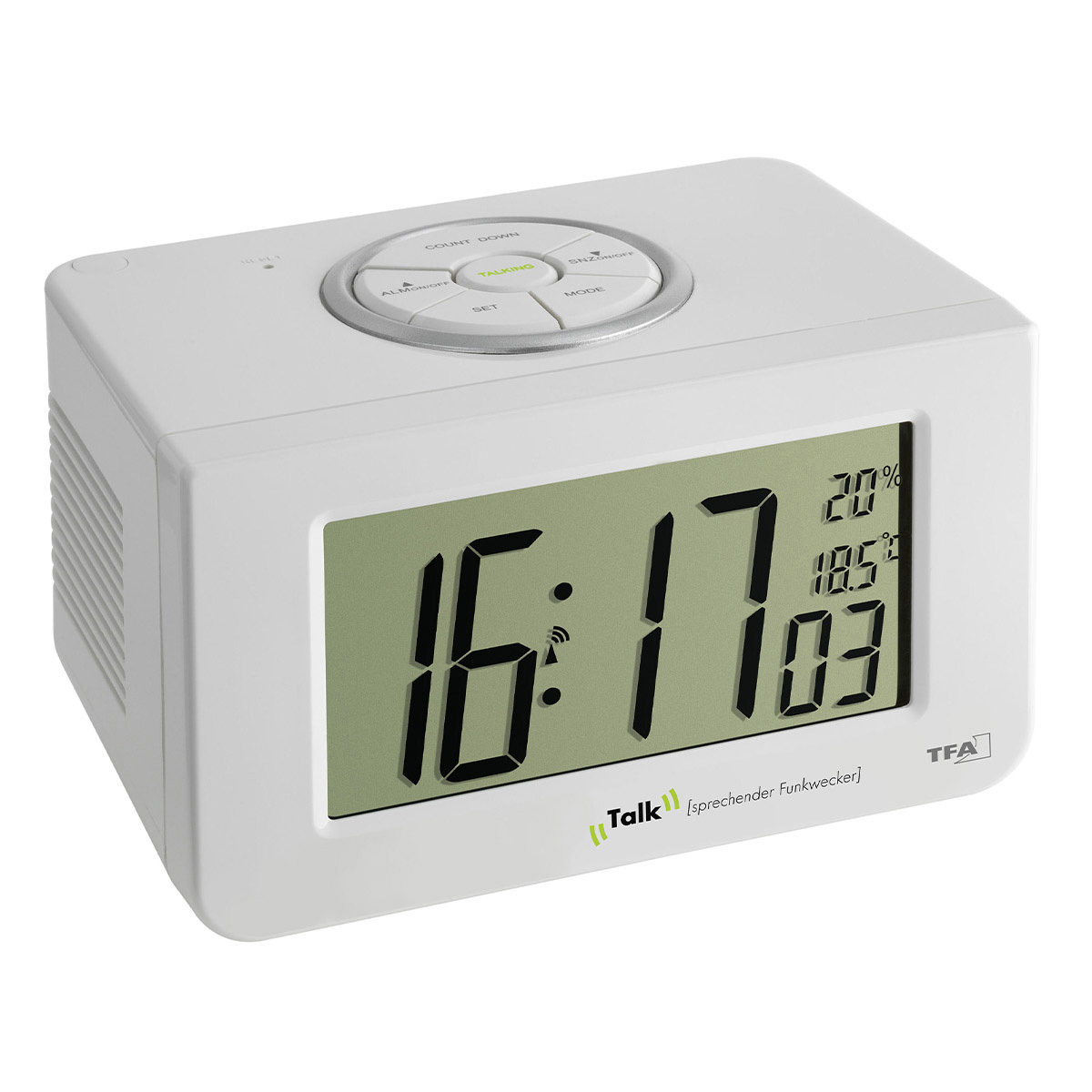 Talking radio-controlled alarm clock