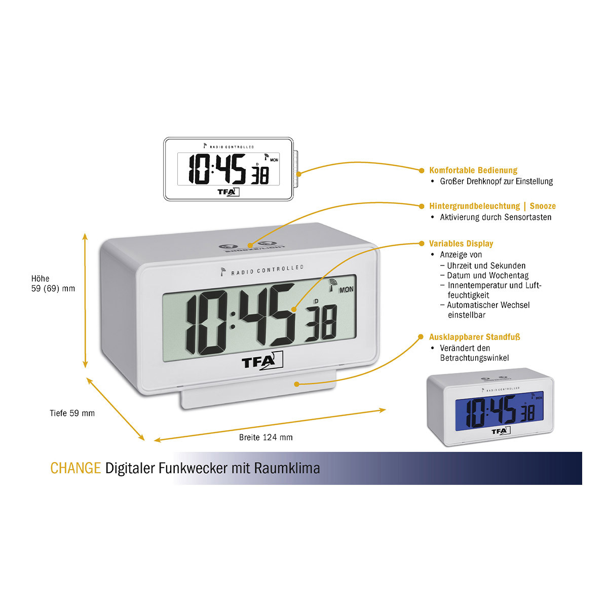 TFA Dostmann Funk-Wecker Mit Temperatur – DCF77, Snooze, Datumsanzeige, Anthrazit