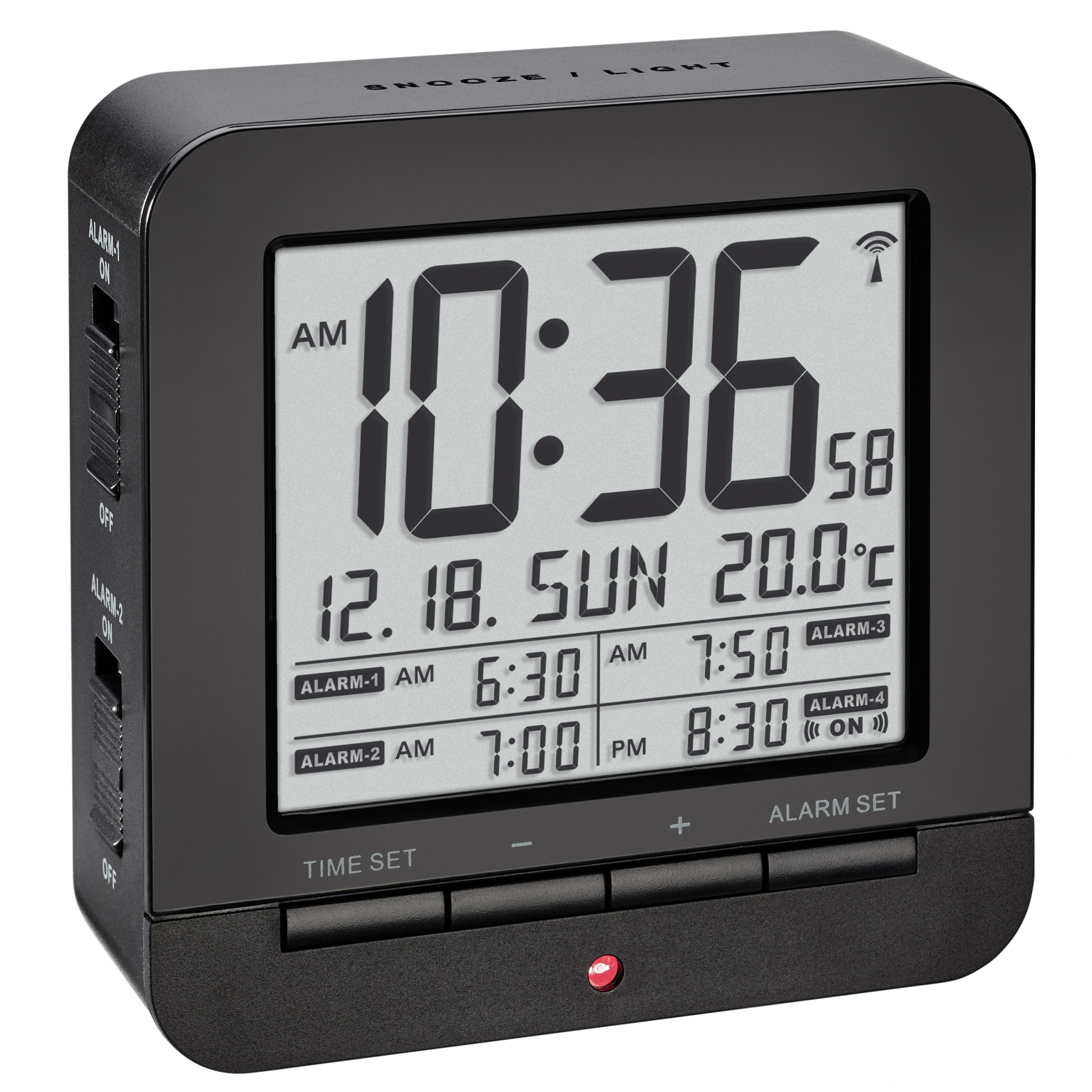 L 142 x H W 45 x TFA Dostmann BOXX Digital Radio Alarm Clock with Indoor Temperature USB Rechargeable Plastic Black 73 mm 