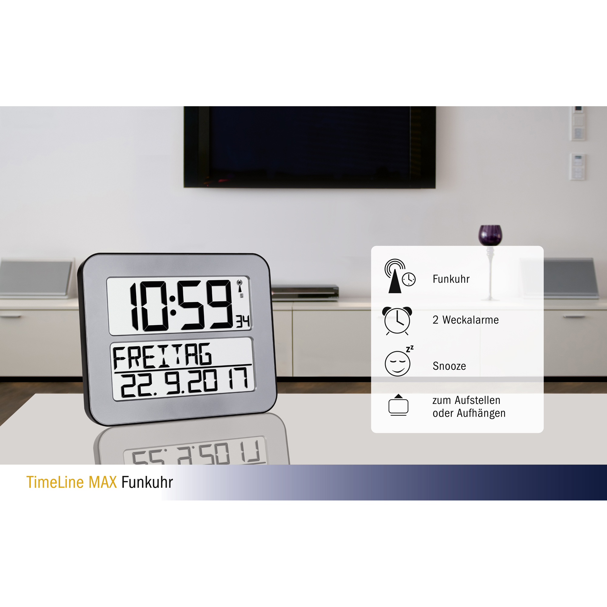 TFA Dostmann "Time Line" Radio Clock with Temperature display the indoor temperature NEW