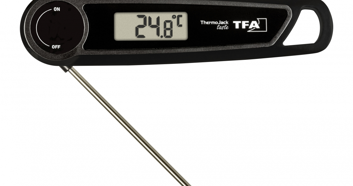 Termómetro plegable TFA Thermo Jack Taste con sonda de acero desplegada.
