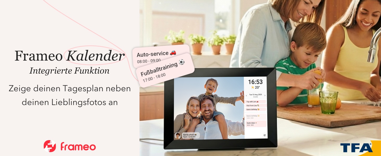 Digitaler Bilderrahmen mit FRAMEO Kalenderfunktion und Tagesübersicht