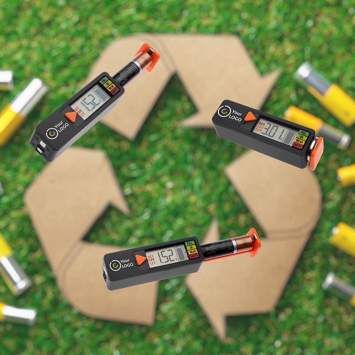 Werbemittel Batterietester mit Logo.